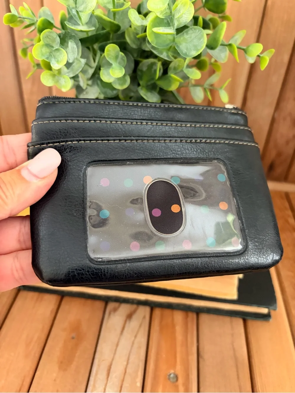 Black Leather Card Wallet with Polka Dot Lining & ID Window,Removable Key Pocket